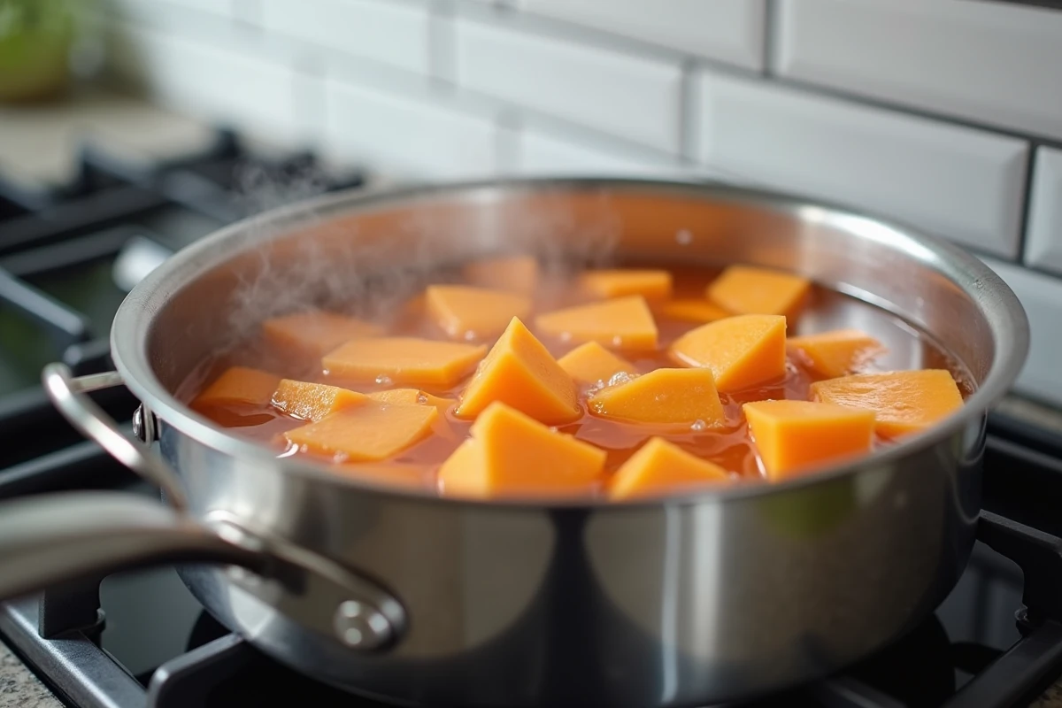 Morceaux de patates douces en train de cuire à l'eau bouillante dans une casserole sur une cuisinière