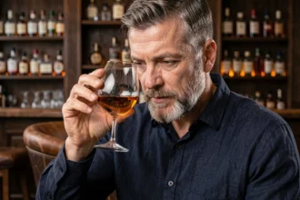 Homme examinant un verre de whisky en tulipe dans un bar à whisky raffiné, illustration des erreurs à éviter lors d'une dégustation