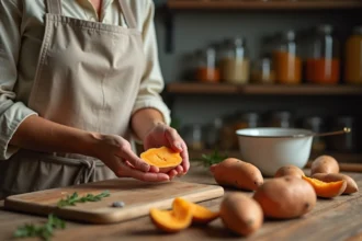 Femme épluchant une patate douce crue sur une planche à découper en bois avant la cuisson à l'eau