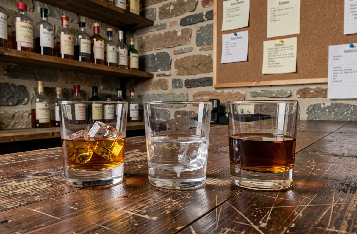 Comparaison de trois verres de whisky illustrant les erreurs courantes de service lors d'une dégustation, dont ajout de glaçons et dilution excessive
