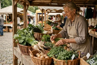 Étal de marché fermier rustique avec légumes en S méconnus comme le salsifis et la salicorne dans des paniers en osier