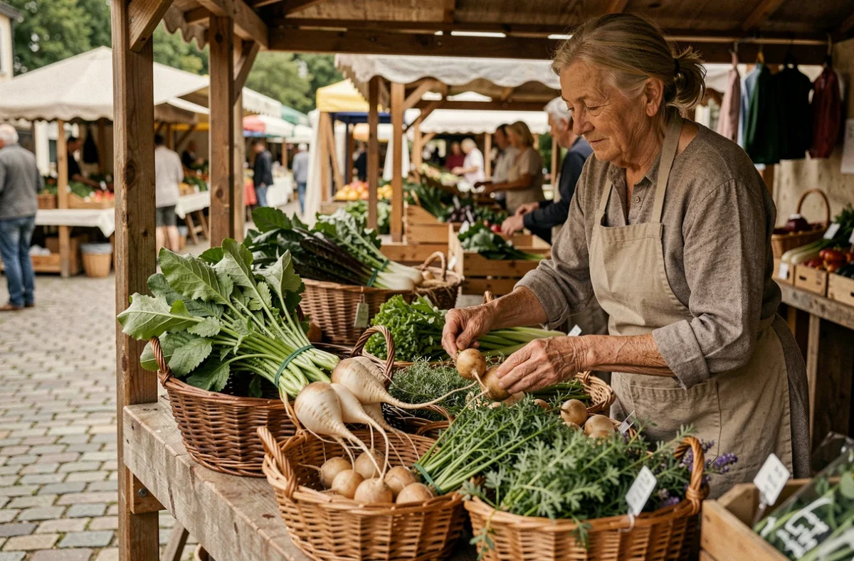 Étal de marché fermier rustique avec légumes en S méconnus comme le salsifis et la salicorne dans des paniers en osier