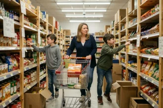 Famille nombreuse faisant ses courses dans un magasin anti-gaspi, mère poussant un caddie avec ses enfants dans une épicerie discount