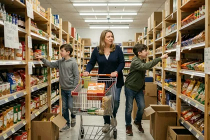 Famille nombreuse faisant ses courses dans un magasin anti-gaspi, mère poussant un caddie avec ses enfants dans une épicerie discount