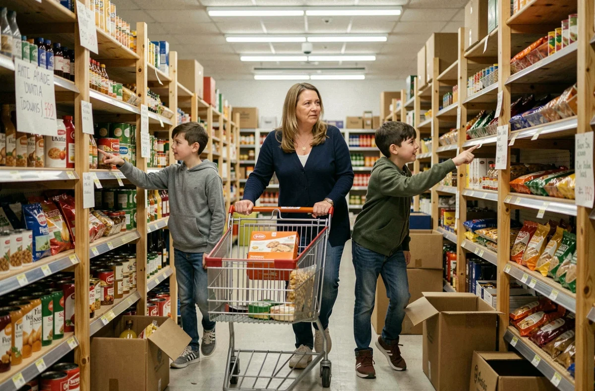 Famille nombreuse faisant ses courses dans un magasin anti-gaspi, mère poussant un caddie avec ses enfants dans une épicerie discount