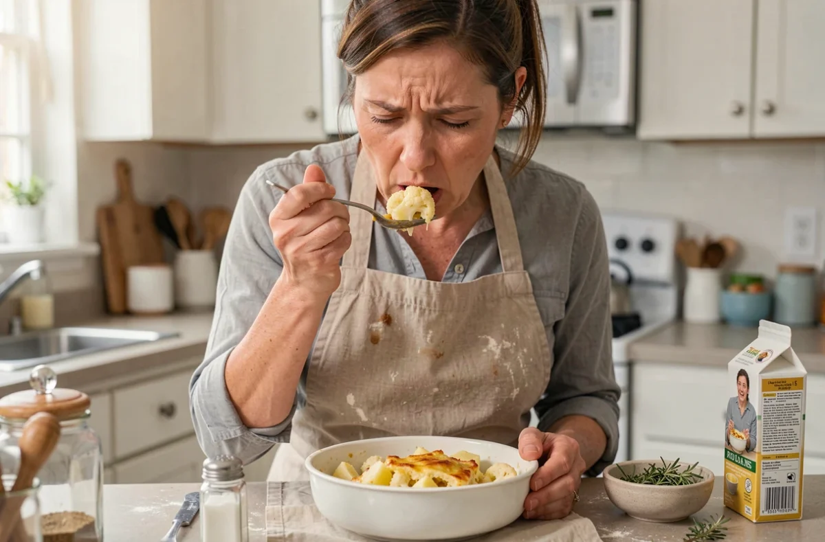 Femme goûtant un gratin chou-fleur pomme de terre avec une expression déçue dans une cuisine domestique, ingrédients de recette visibles en arrière-plan