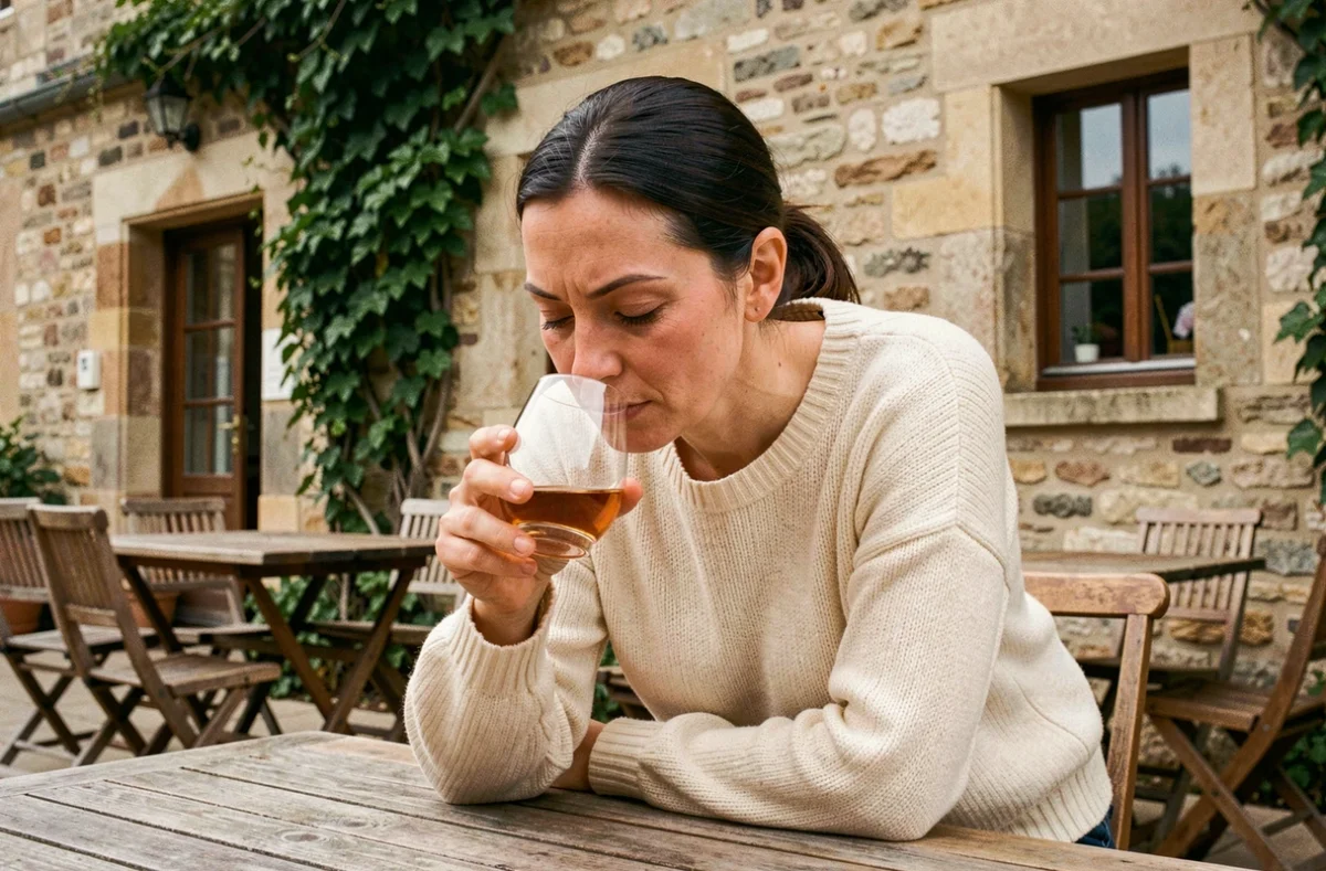 Femme en train de sentir un verre de whisky sur une terrasse en pierre bordelaise, illustrant la bonne technique de dégustation olfactive
