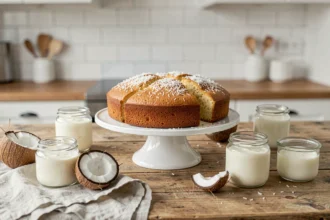 Gâteau de noix de coco au yaourt entier posé sur un présentoir blanc en céramique avec des ingrédients sur une table en bois rustique