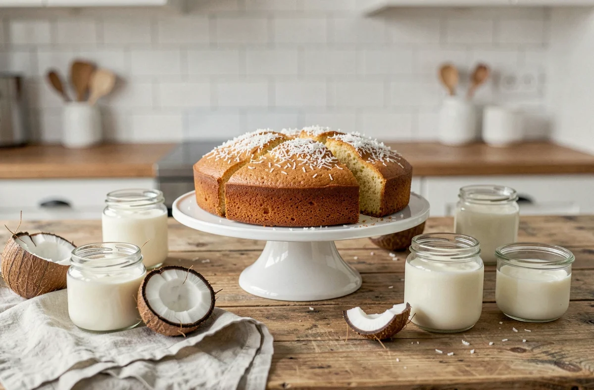 Gâteau de noix de coco au yaourt entier posé sur un présentoir blanc en céramique avec des ingrédients sur une table en bois rustique