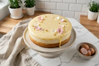 Gâteau aux œufs tendance 2026 avec glaçage miroir pastel et feuilles d'or sur marbre blanc dans une cuisine scandinave