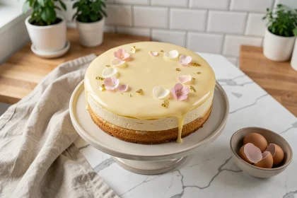 Gâteau aux œufs tendance 2026 avec glaçage miroir pastel et feuilles d'or sur marbre blanc dans une cuisine scandinave
