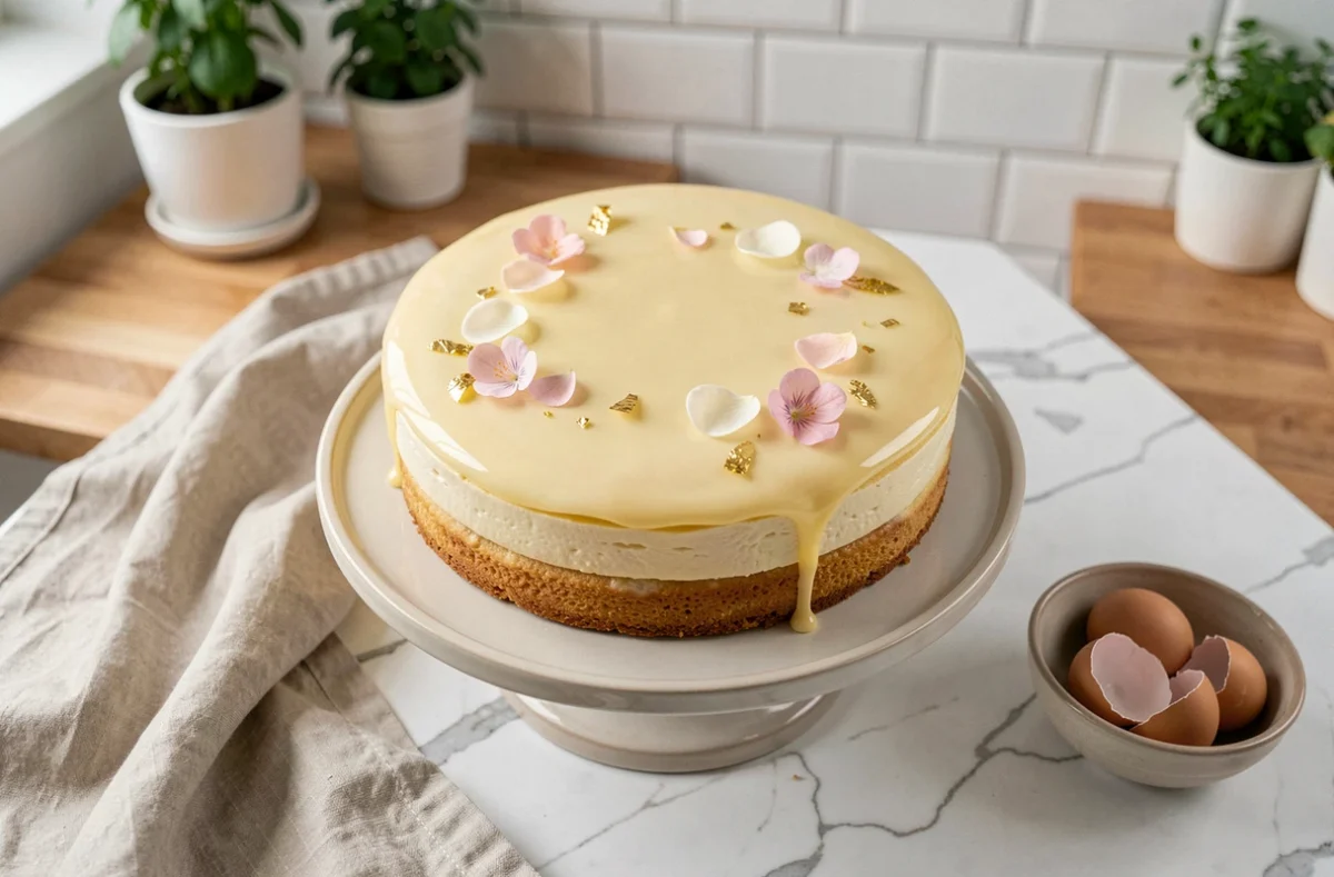 Gâteau aux œufs tendance 2026 avec glaçage miroir pastel et feuilles d'or sur marbre blanc dans une cuisine scandinave