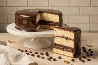 Gâteau opéra traditionnel avec ses couches apparentes de biscuit joconde, crème au beurre café et ganache chocolat sur un présentoir en marbre blanc