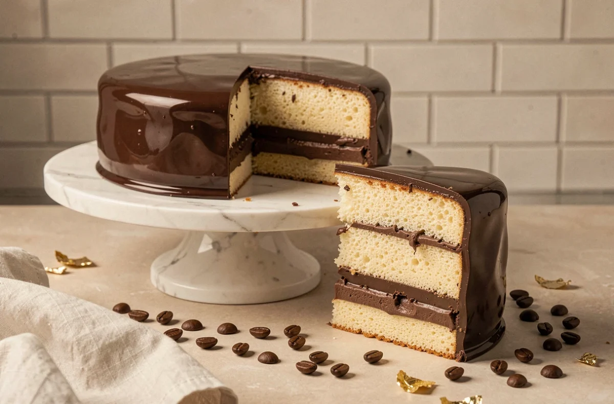 Gâteau opéra traditionnel avec ses couches apparentes de biscuit joconde, crème au beurre café et ganache chocolat sur un présentoir en marbre blanc