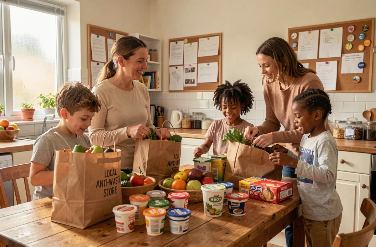 Grande famille déballant des courses anti-gaspi dans leur cuisine, parents et enfants triant des produits discount autour de la table