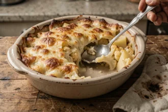 Gratin chou-fleur et pomme de terre dans un plat en céramique rustique sur une table en bois, aspect peu appétissant avec intérieur pâle et manque de dorure