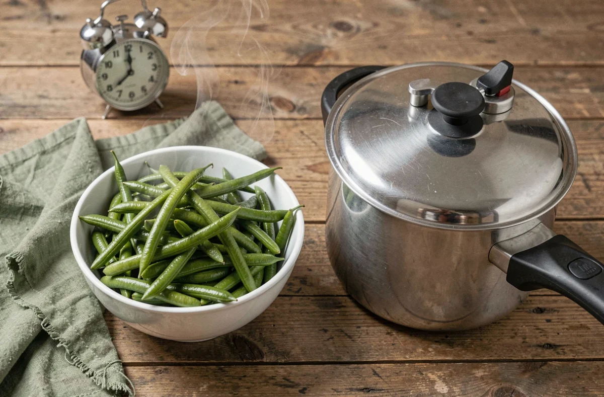 Bol de haricots verts cuits à la vapeur à côté d'une cocotte minute fermée sur une table en bois rustique