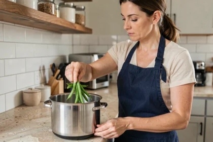 Femme versant des haricots verts frais dans une cocotte minute sur un plan de travail de cuisine moderne