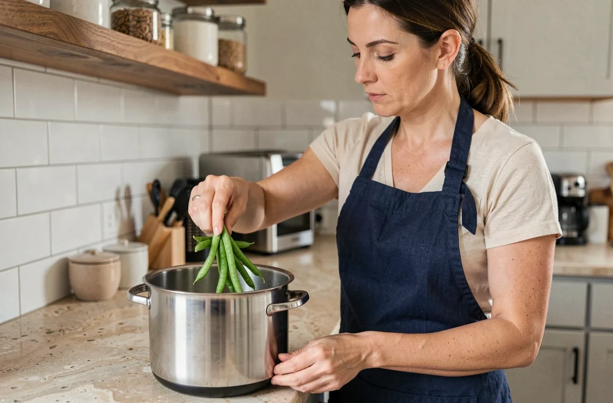Femme versant des haricots verts frais dans une cocotte minute sur un plan de travail de cuisine moderne