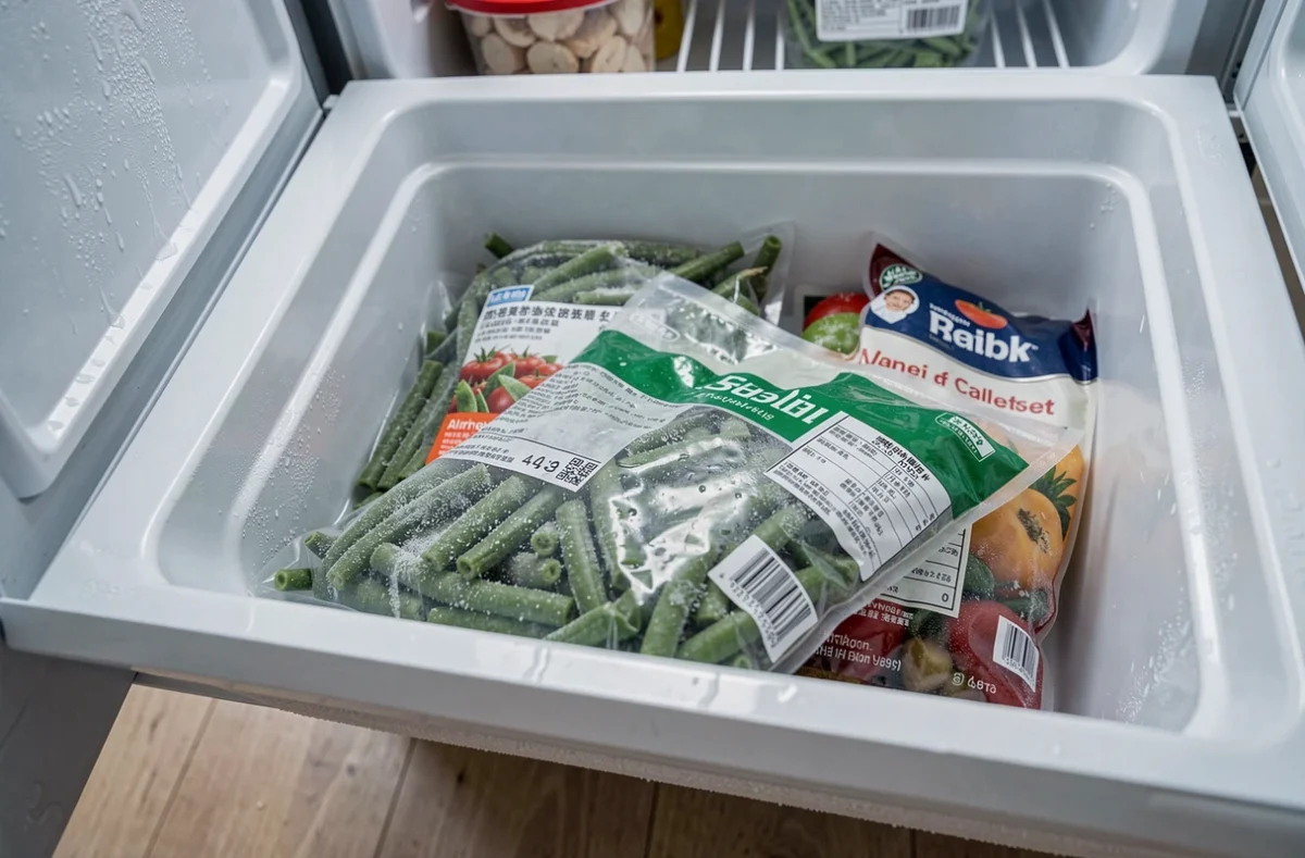 Sachet de haricots verts surgelés dans un tiroir de congélateur domestique avec cristaux de glace visibles