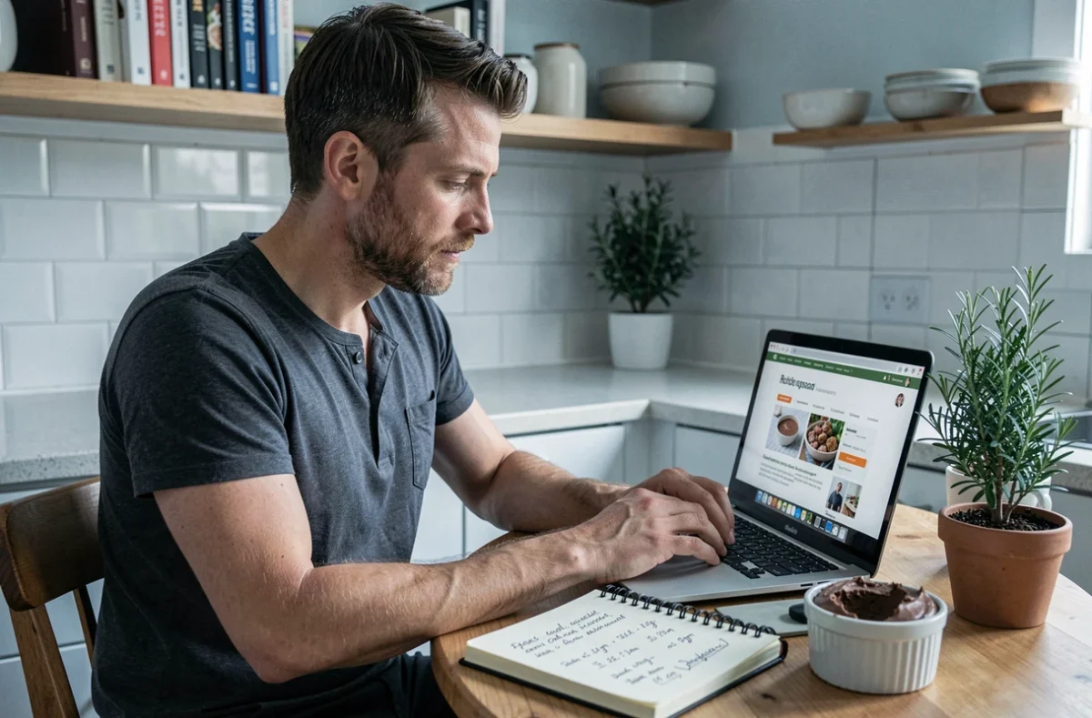 Homme consultant un site de conversion de mesures pour recettes sur un ordinateur portable dans une cuisine moderne