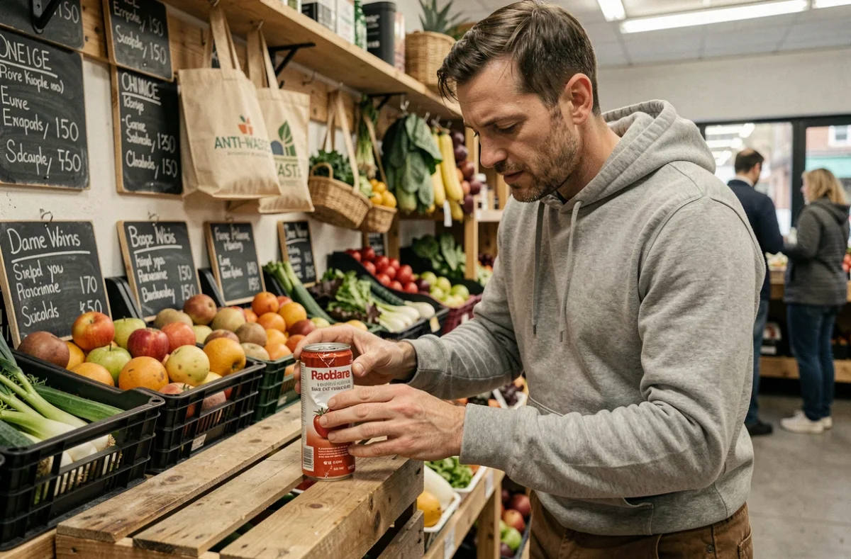 Homme examinant un produit à prix réduit dans un magasin anti-gaspi, consommateur attentif au budget dans une épicerie solidaire