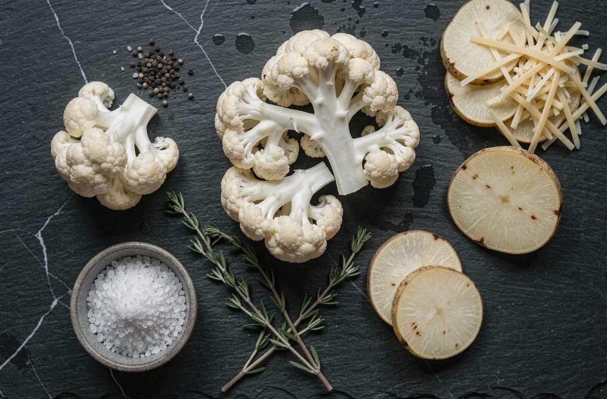 Vue du dessus des ingrédients clés pour un gratin chou-fleur et pomme de terre sur ardoise, avec manque visible d'assaisonnement et d'herbes aromatiques