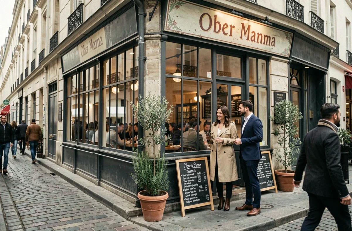 Façade du restaurant Ober Mamma à Paris dans le quartier de Belleville, couple consultant la carte devant l'entrée avec terrasse et devanture industrielle