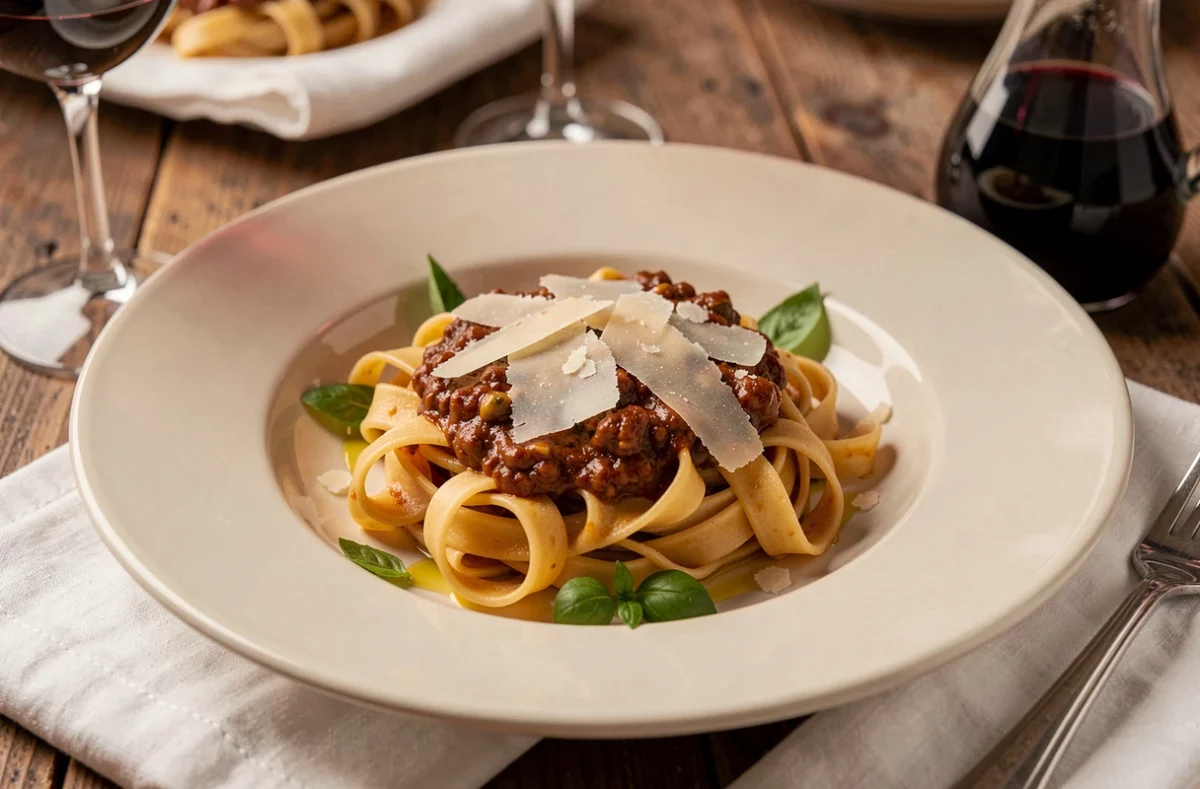 Assiette de tagliatelles au ragù maison et parmesan râpé servie au restaurant Ober Mamma à Paris, présentation élégante sur nappe blanche