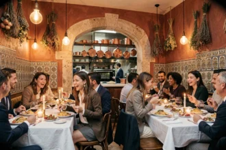 Salle de restaurant Ober Mamma Paris avec décoration italienne chaleureuse, convives attablés partageant des plats de pâtes fraîches dans une ambiance animée