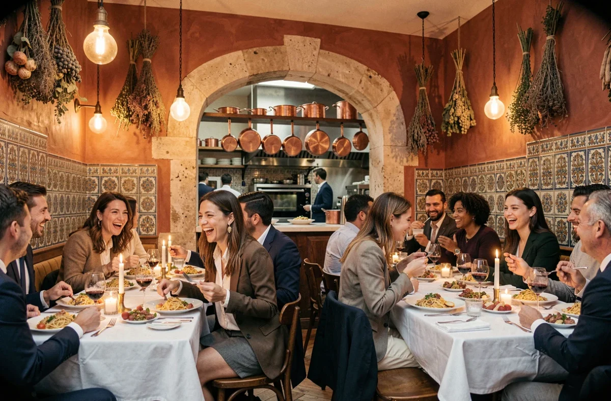 Salle de restaurant Ober Mamma Paris avec décoration italienne chaleureuse, convives attablés partageant des plats de pâtes fraîches dans une ambiance animée