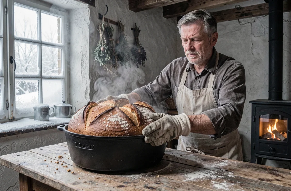 Boulanger sortant un pain de campagne doré d'une cocotte en fonte dans une cuisine rustique en hiver avec vapeur visible