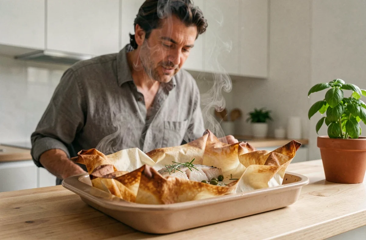 Papillote de poisson sortant du four avec vapeur aromatique dans une cuisine moderne