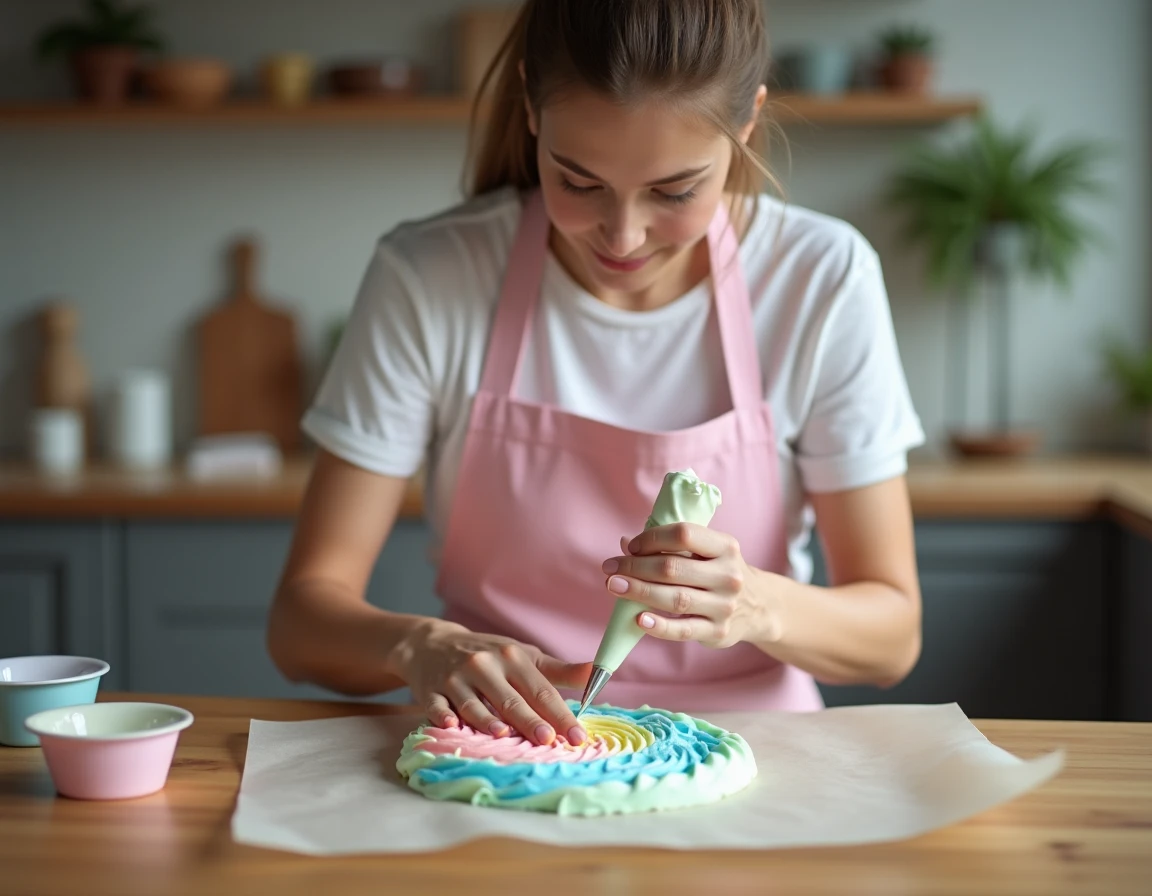 Femme préparant des crottes de licorne en pochant la meringue arc-en-ciel sur une plaque de cuisson