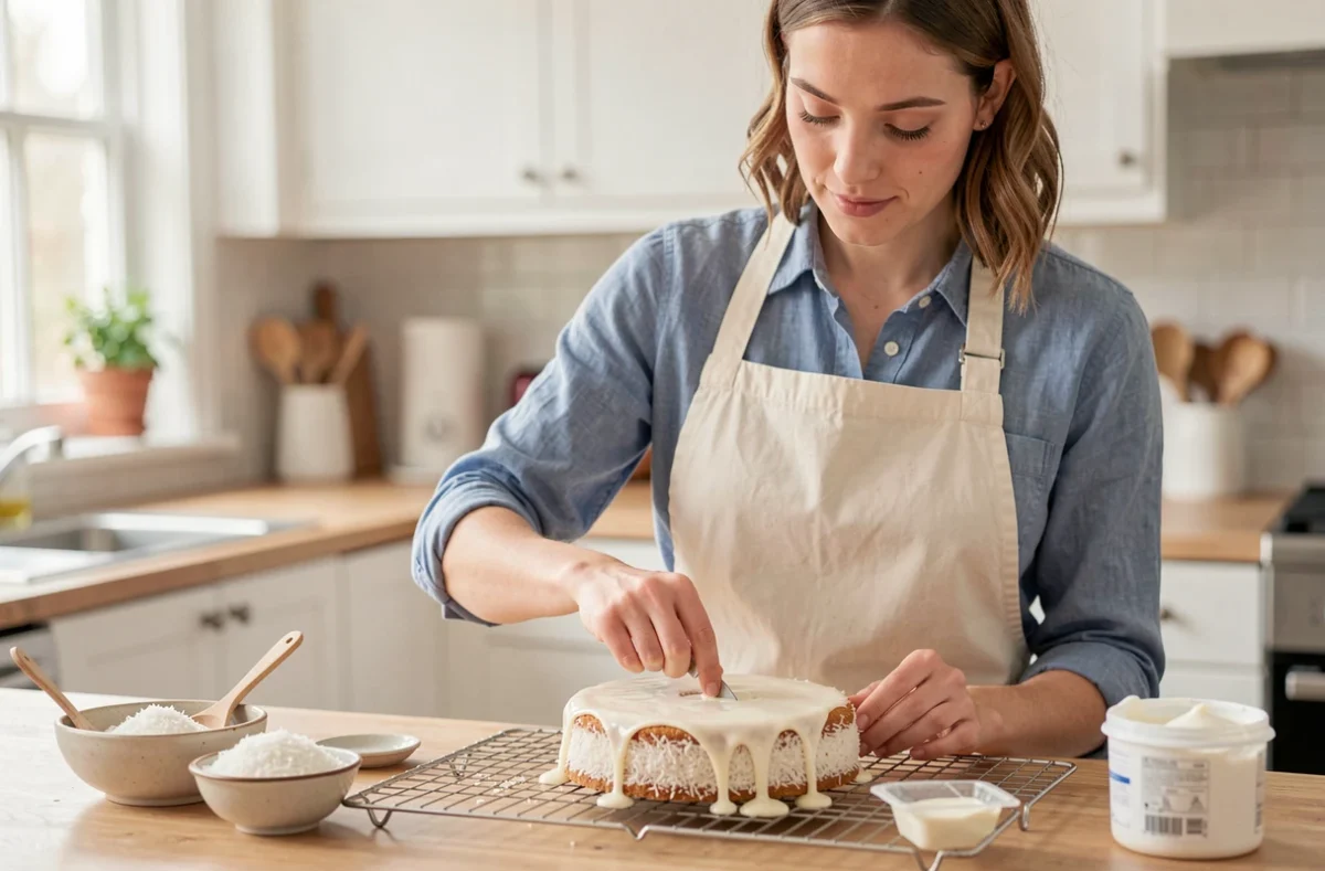 Femme préparant un gâteau noix de coco au yaourt en étalant un glaçage sur le gâteau dans une cuisine maison lumineuse
