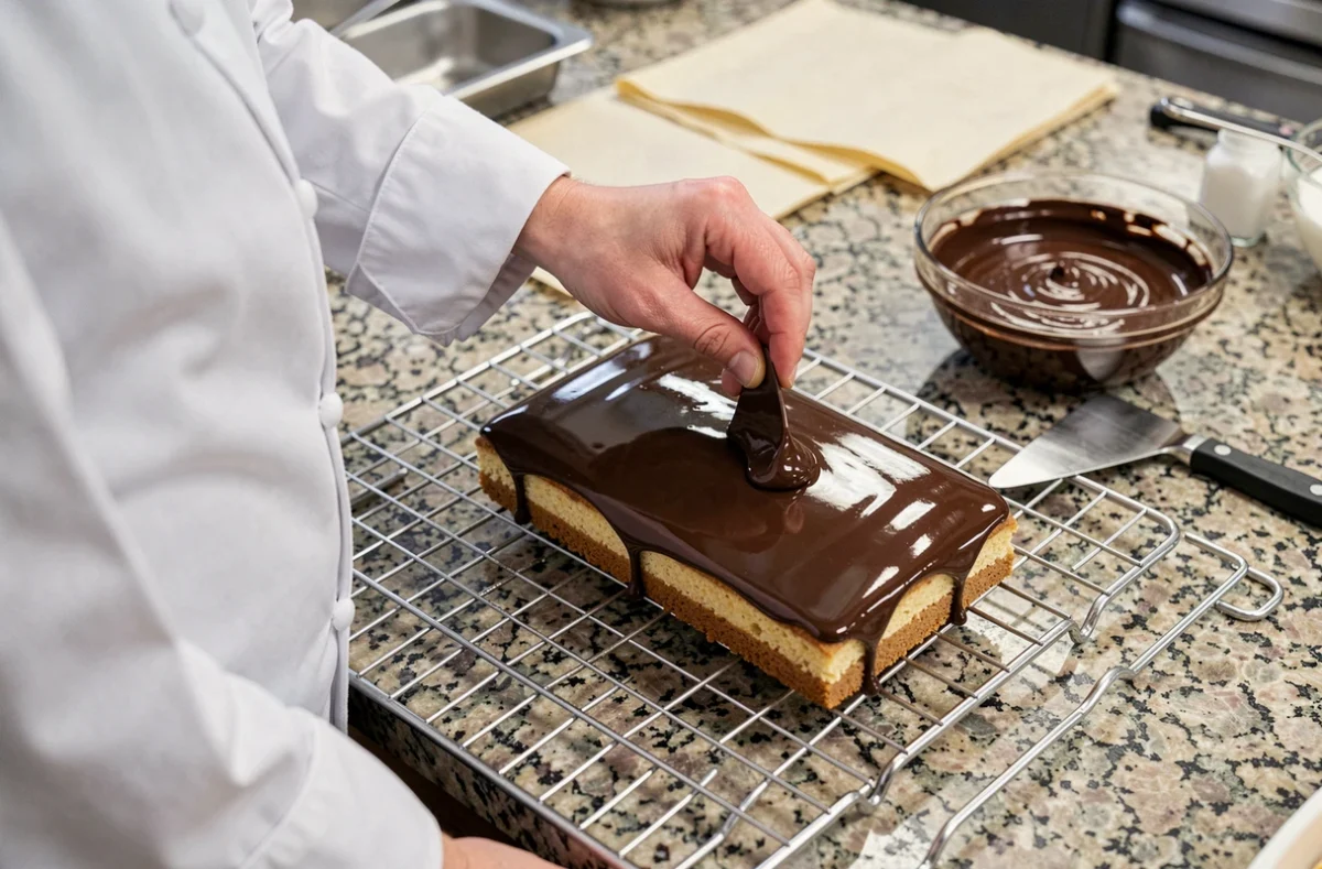 Chef pâtissier appliquant un glaçage chocolat brillant sur un gâteau opéra dans une cuisine professionnelle avec spatule coudée