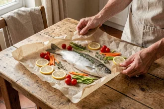 Préparation d'un poisson en papillote avec citron, thym et légumes sur une table en bois rustique