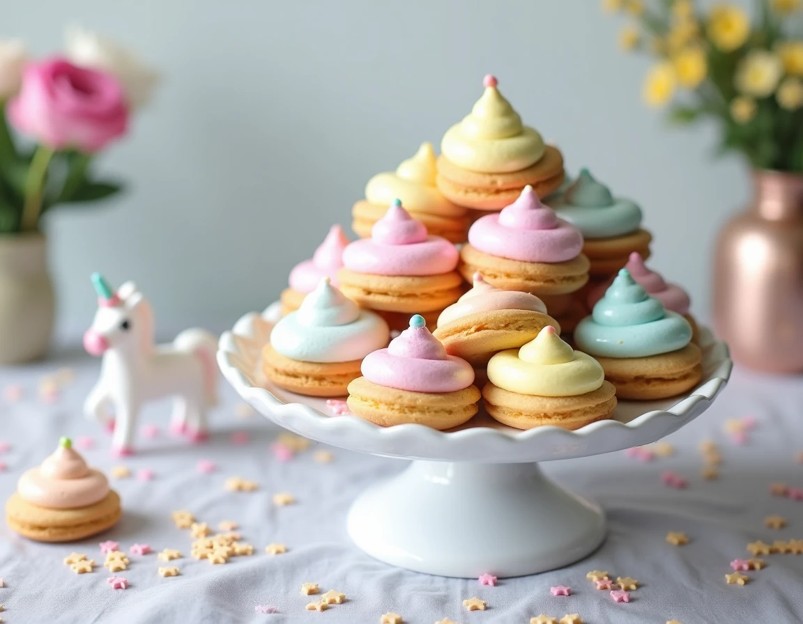 Présentation de crottes de licorne sur un présentoir à gâteaux avec décorations pastel pour une fête