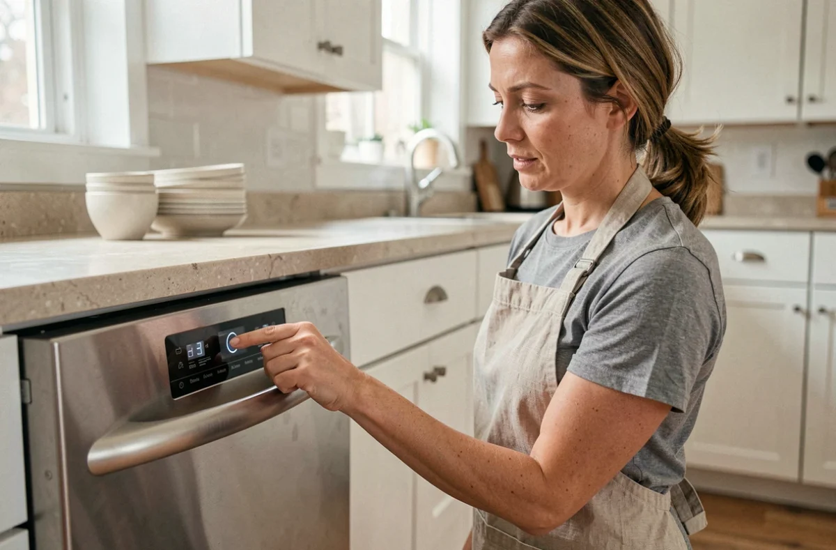 Femme réglant le panneau de commande d'un lave-vaisselle Valberg dans une cuisine moderne