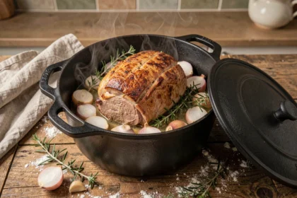 Rôti de porc en cocotte en fonte avec vin blanc, échalotes et thym sur une table en bois rustique