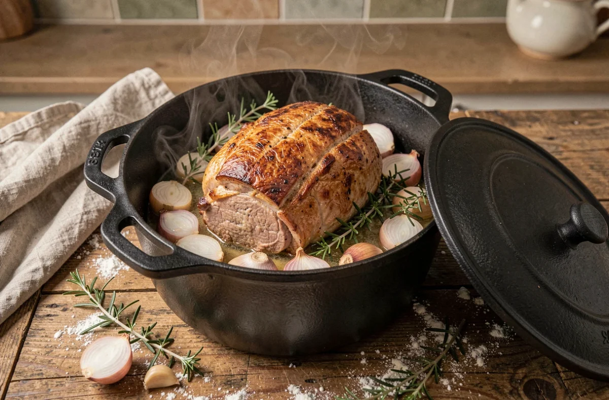 Rôti de porc en cocotte en fonte avec vin blanc, échalotes et thym sur une table en bois rustique
