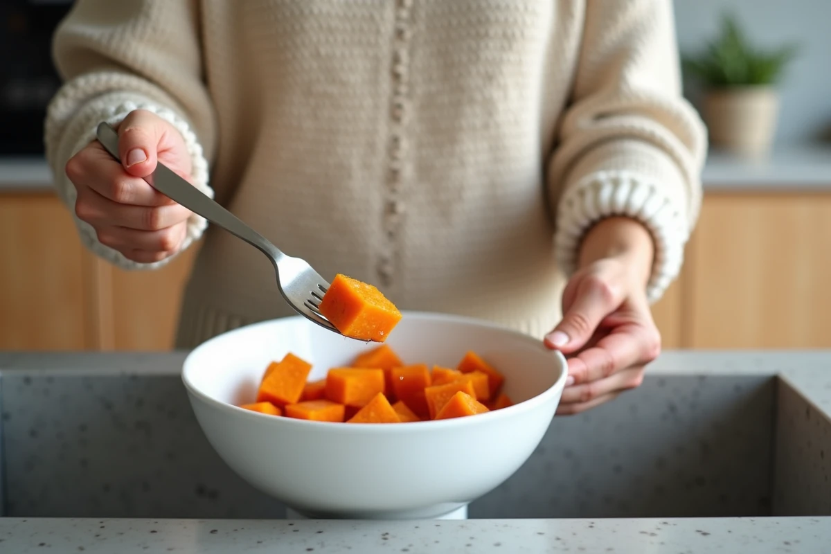 Test de cuisson d'une patate douce fondante à la fourchette après ébullition dans une passoire