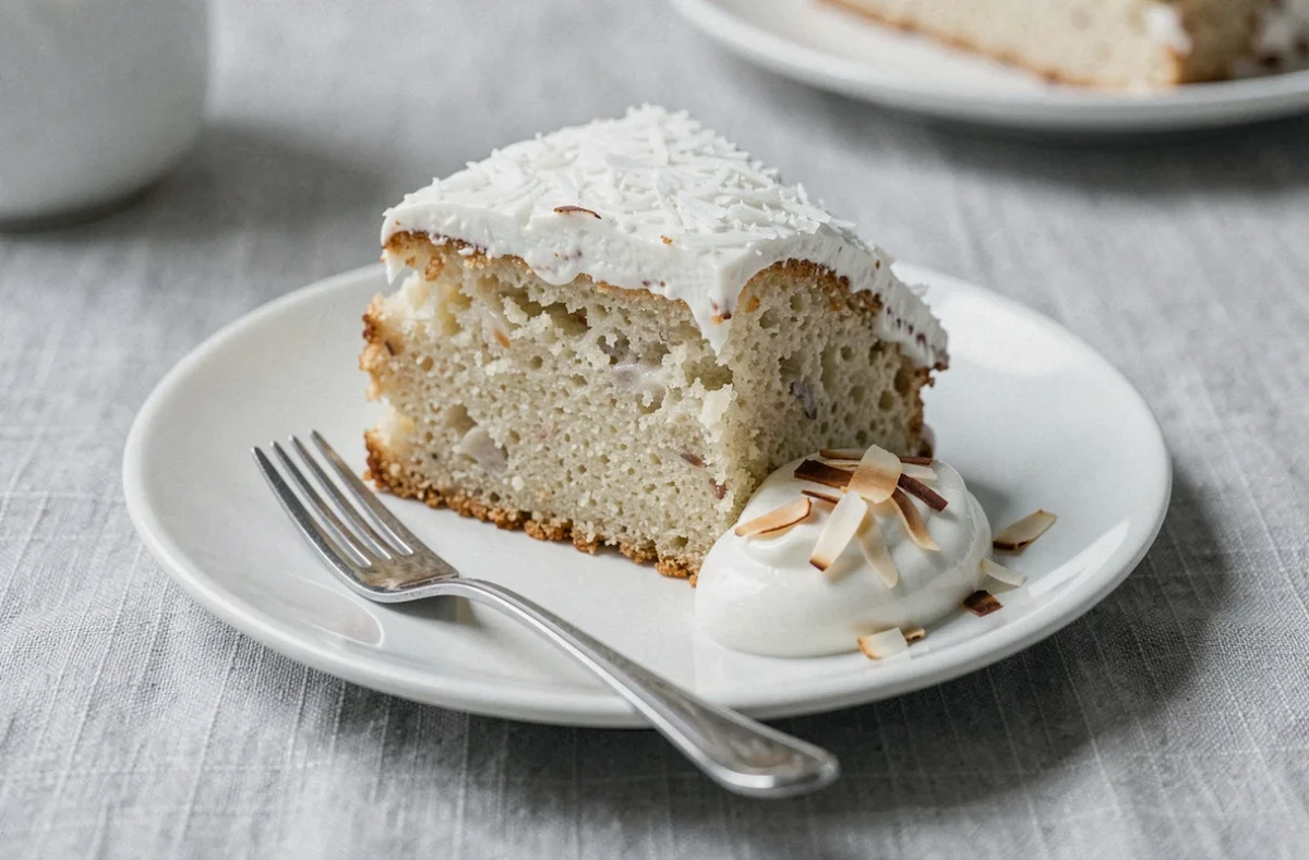 Tranche de gâteau au yaourt et noix de coco sur une assiette blanche avec une cuillère de yaourt et des copeaux de coco grillés