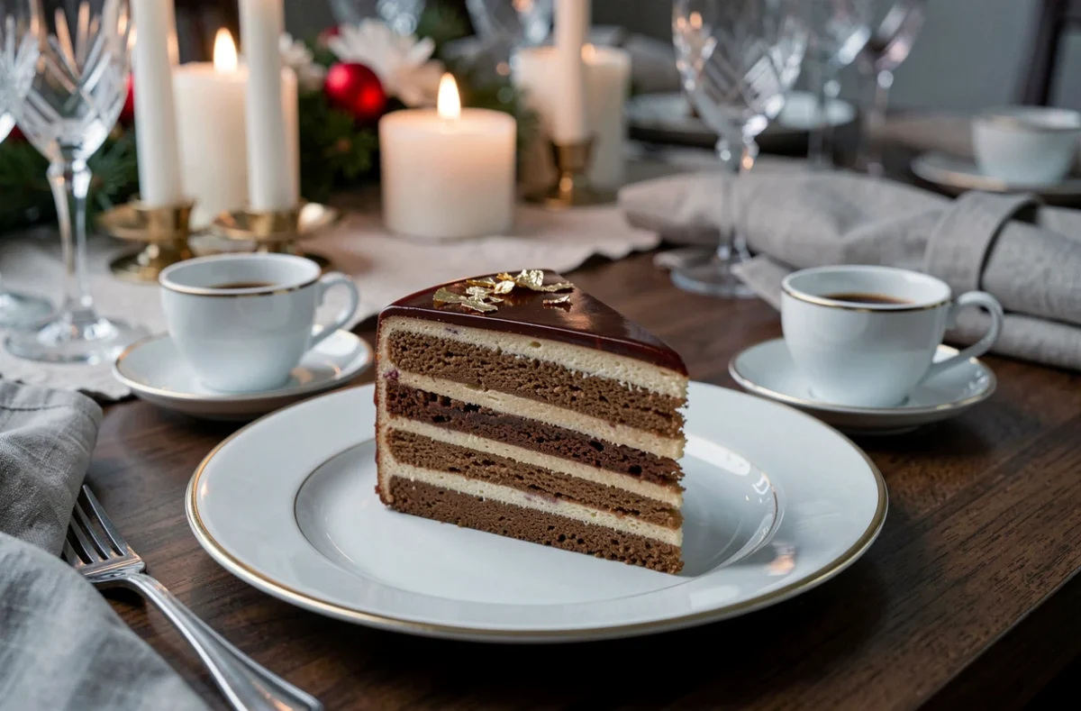 Tranche de gâteau opéra servie sur assiette en porcelaine fine avec une tasse d'expresso lors d'un repas de fête élégant