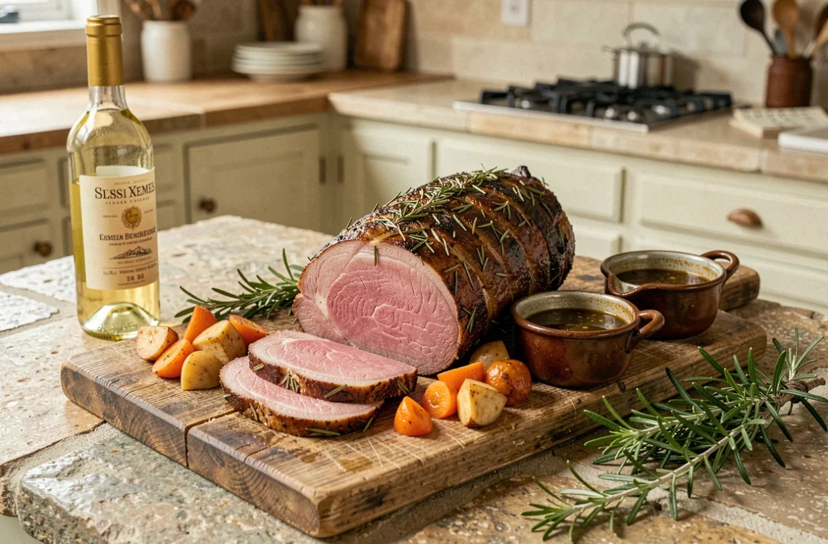 Tranches de rôti de porc juteux sur planche en bois avec jus de cuisson et légumes braisés en cuisine française