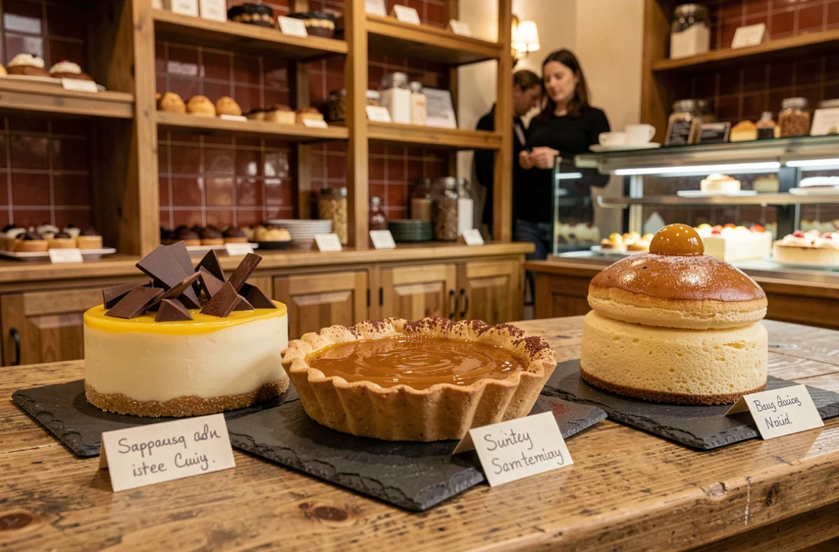 Trio de gâteaux aux œufs tendance 2026 aux textures et parfums variés exposés dans une pâtisserie française contemporaine