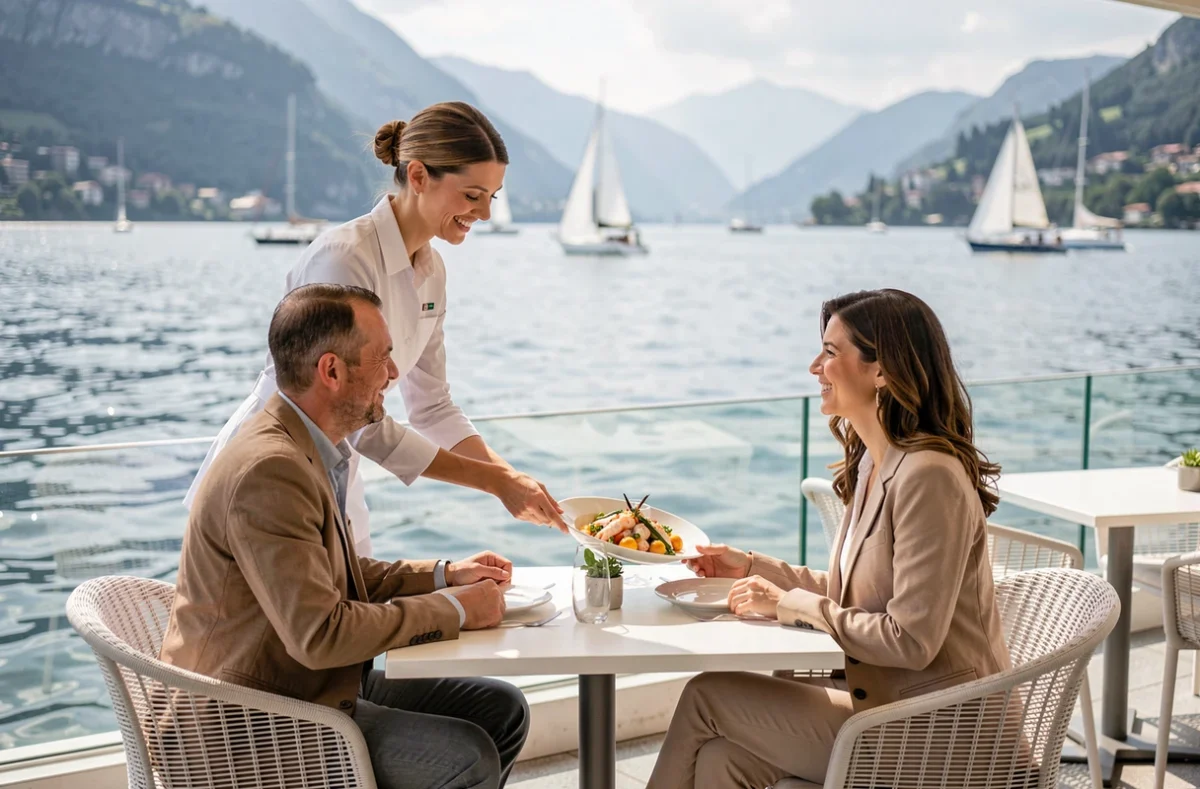 Terrasse de L'Aquarium à Aix-les-Bains avec vue sur le lac du Bourget et service d'un plat de fruits de mer