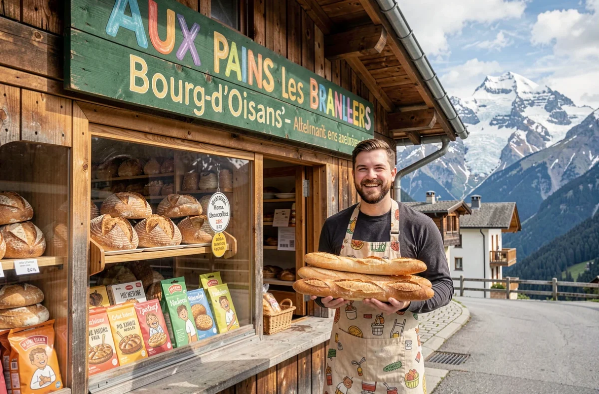 Façade décalée de la boulangerie Aux Pains les Branleurs au Bourg-d'Oisans, jeune boulanger barbu souriant tenant des baguettes devant l'enseigne colorée avec les sommets alpins en fond