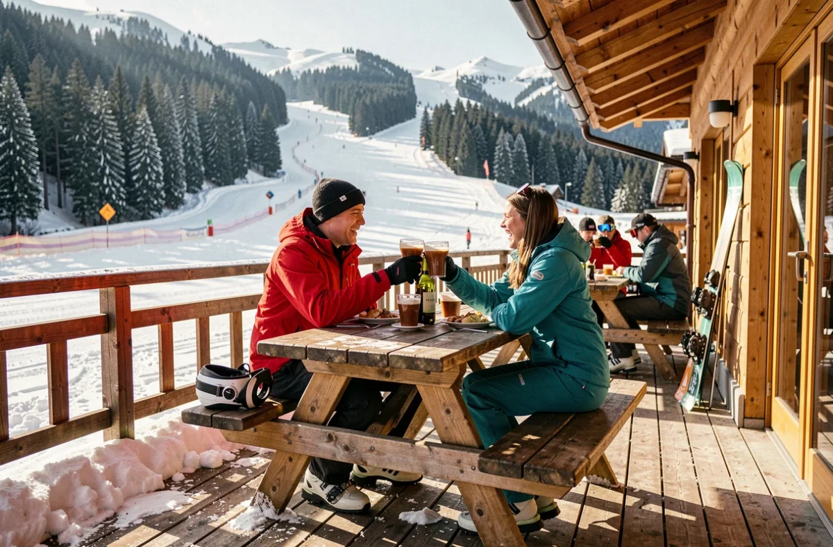 Terrasse du Bouc Blanc à La Tania avec skieurs attablés sur une terrasse enneigée face aux pistes de ski