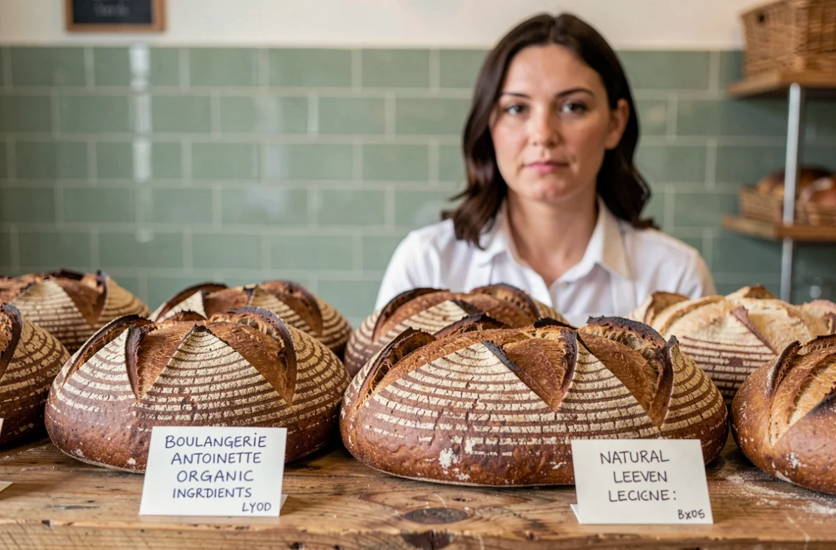 Pains bio au levain naturel exposés sur des étagères en bois à la Boulangerie Antoinette à Lyon, boulangère en tablier blanc veillant sur la présentation
